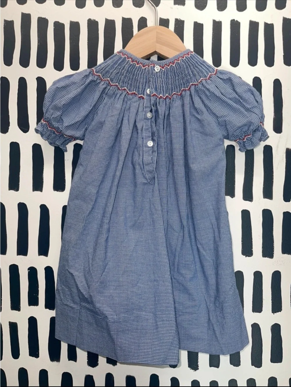 Petit Ami Blue Gingham Smocked Puff-Sleeve Dress with Red Trim
